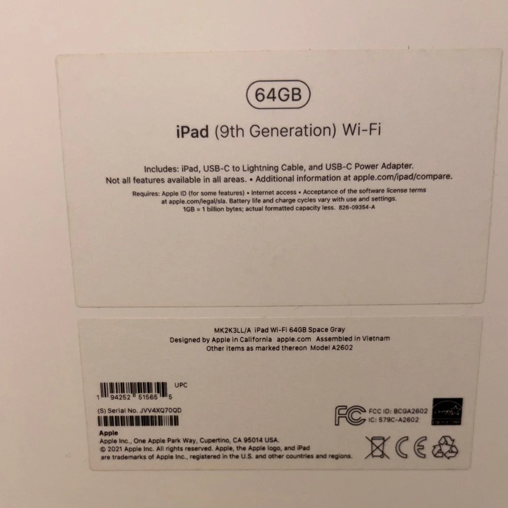 Apple IPAD 9th Generation 64GB Tablet Space Grey BOX ONLY